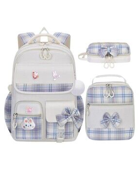 3pc Girls Plaid Backpack, Lunchbox, Case Set- Beige, Blue, Purple- Bunny & Bows